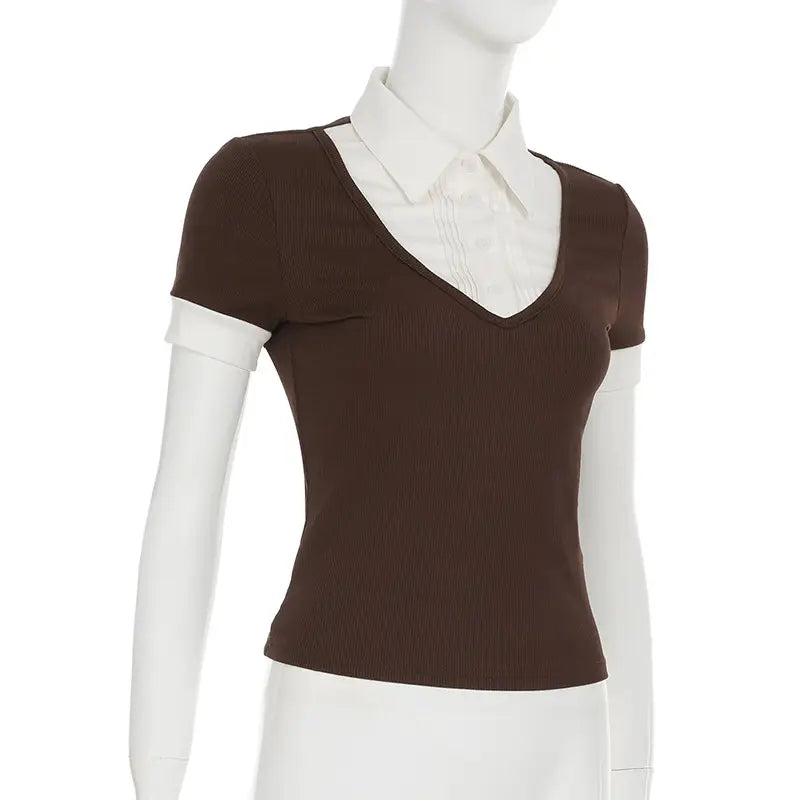 American Retro Polo Collar Stitching Fake Two Pieces Short Sleeve T-shirt For Women