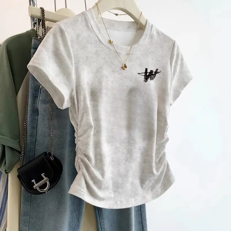 European Cargo Shoulder Tie-dyed Short-sleeved T-shirt For Women