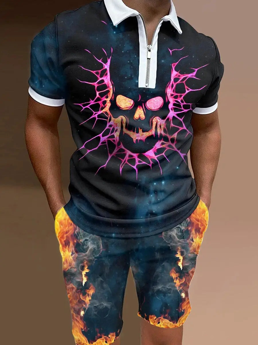 Men’s Summer Fashion 3D Printed Short Sleeve Geometric Zip Lapel Shirt Set
