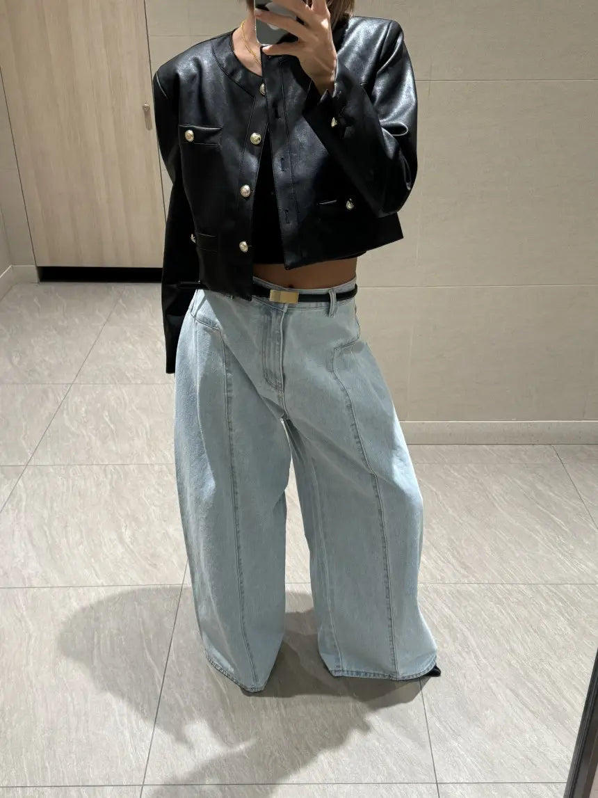 Women’s Korean-style Temperament High Waist Pleated Stitching Wide-leg Jeans