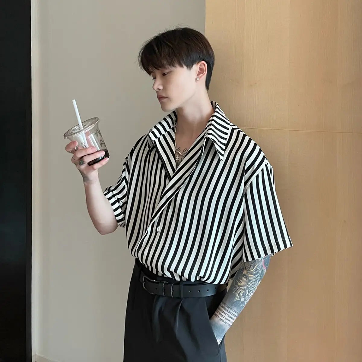 Men’s Slanted Placket Striped Lapel Shirt