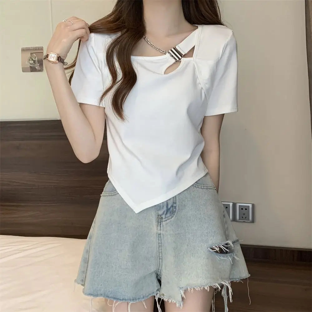 Slim Fit And Thin Cover Belly Hot Girl Irregular Short-sleeved T-shirt For Women