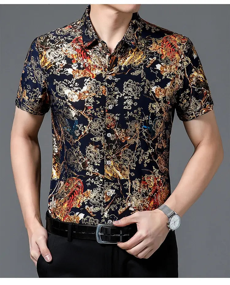 Summer Men’s Middle-aged Printed Shirt Short Sleeve Stretch Ice Silk Leisure