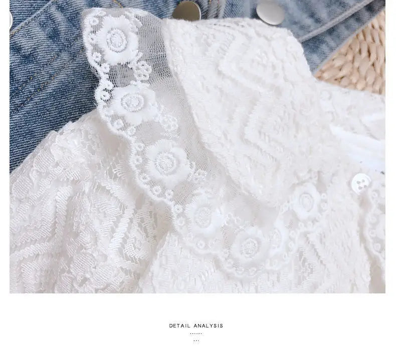 Girls Denim Overalls And Lace Shirt Two-piece Suit
