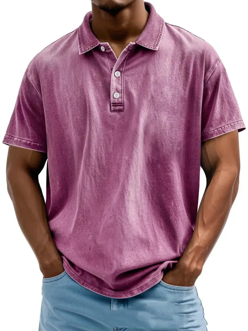 Men’s Fashion Retro Washed Distressed Cotton Lapel Short Sleeve