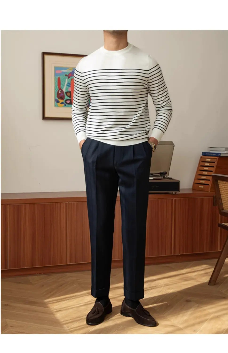 Business Commute Striped Design Contrast Color Long Sleeves Knitwear