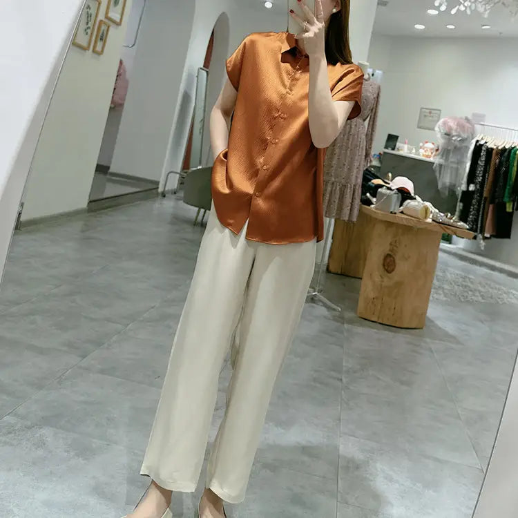 Pearl Satin Shirt Reverse Collar Single-breasted