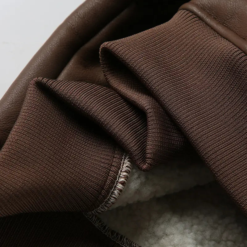 Solid Color Faux Leather Knitted Fur Lapel Zipper Basic Style Street Fashion