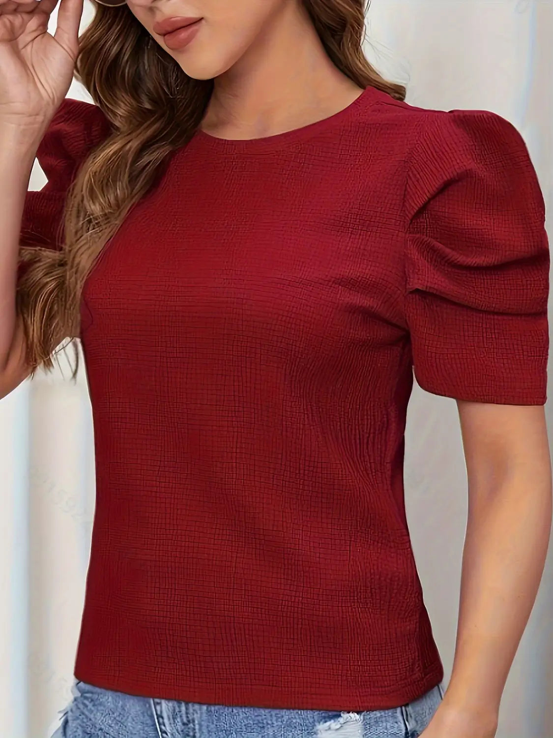 Casual Solid Color Puff Sleeve Solid Round Neck T-shirt