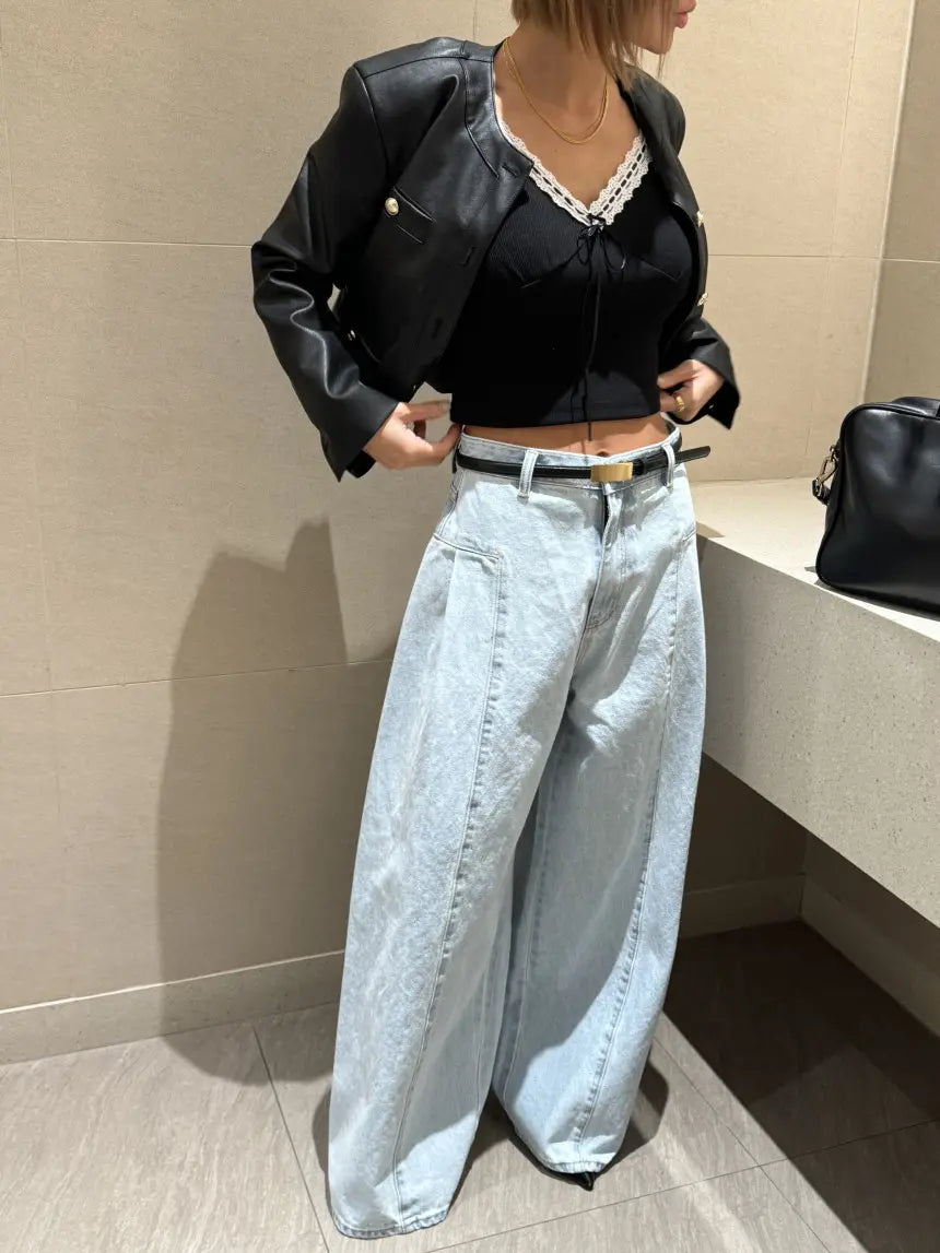 Women’s Korean-style Temperament High Waist Pleated Stitching Wide-leg Jeans