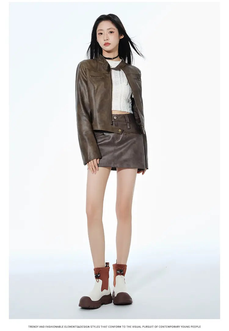 Short Leather Jacket Slim Brown Jacket Motorcycle Jacket