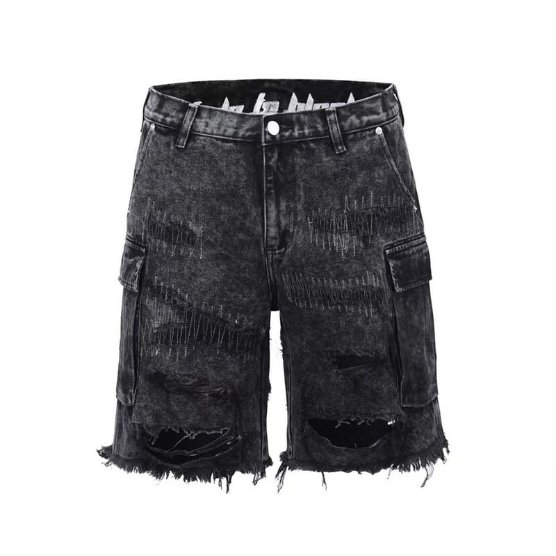 Knife Cut Big Hole Raw Fringed Tassel Wash Whisker Shorts
