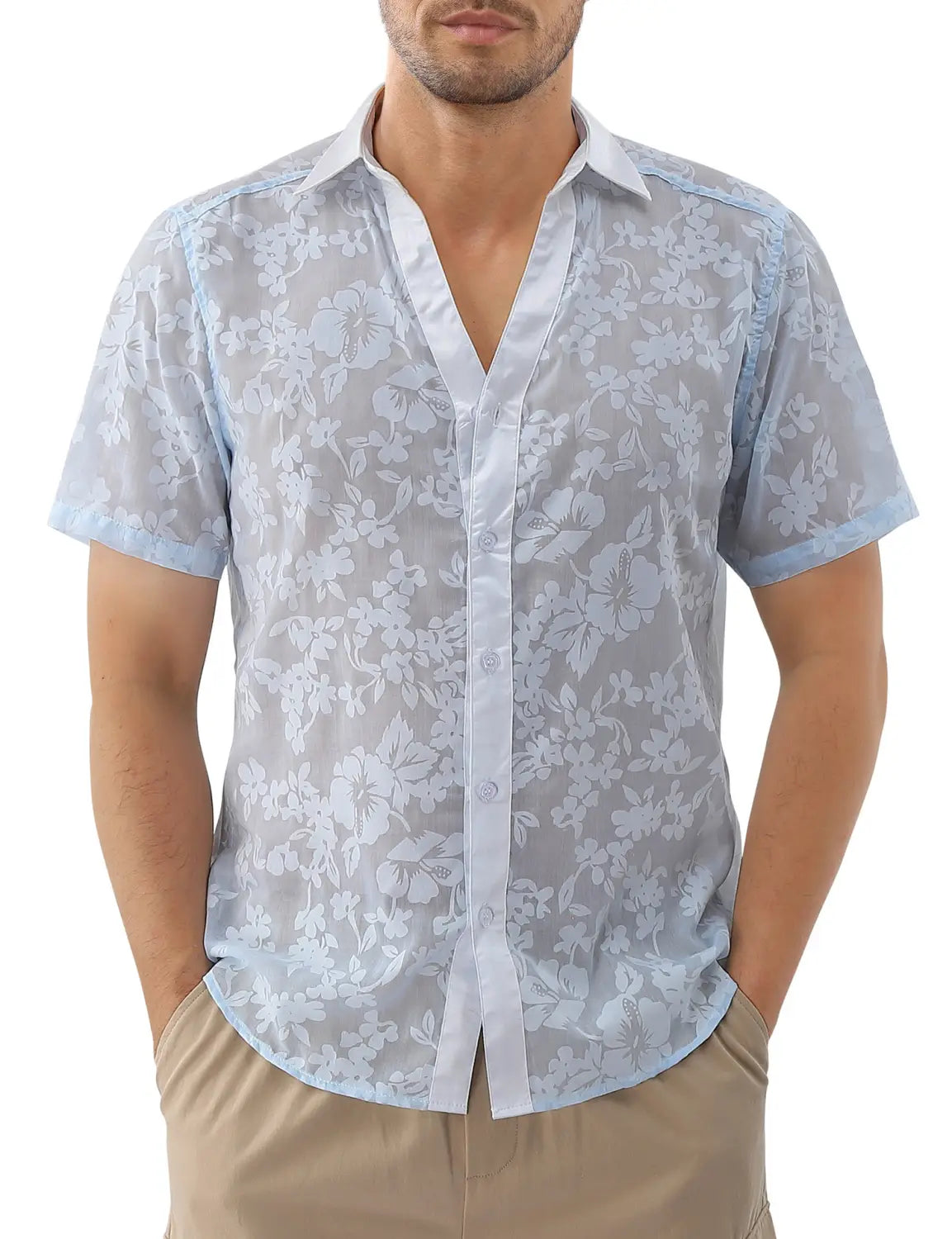 Hawaiian Jacquard Shirt Transparent Cutout Short Sleeve Thin Holiday Beach Shirt