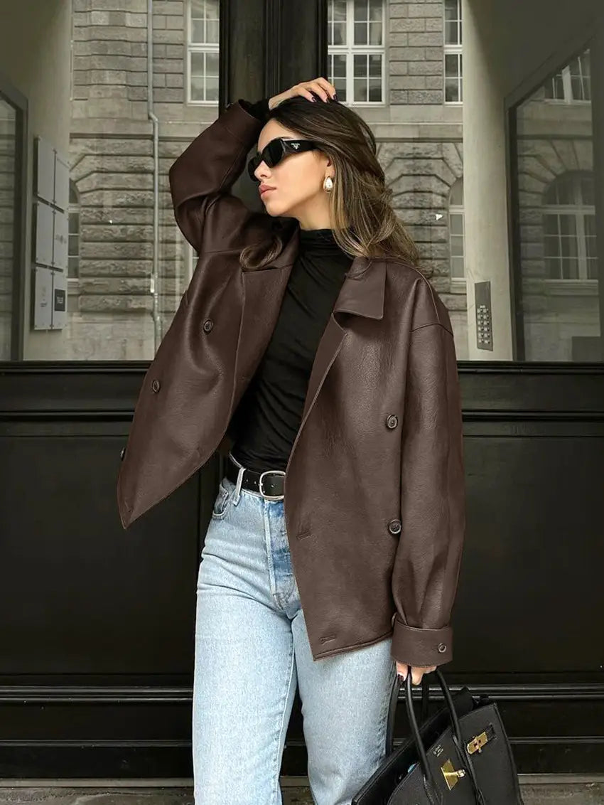 Women’s Elegant Suit Collar Loose Leather Coat
