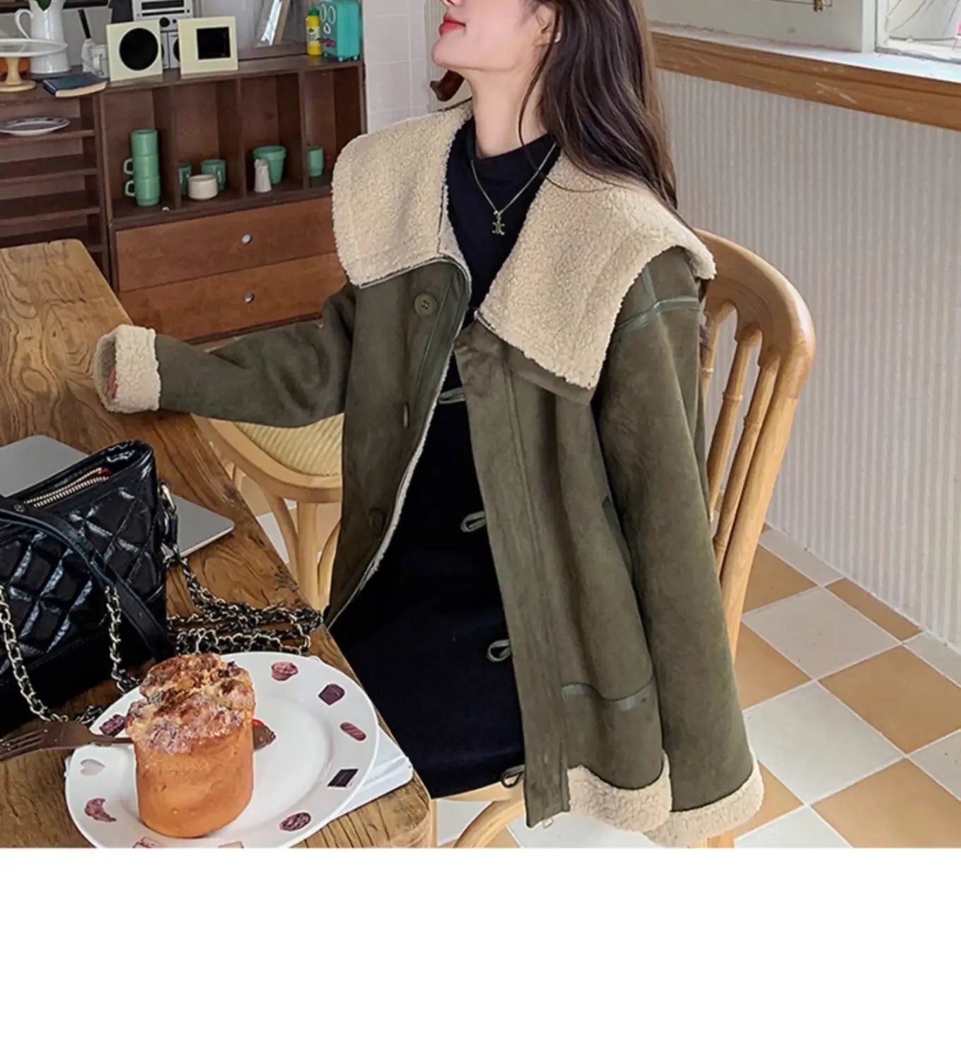 Women’s Korean-style Retro Green Suede Lambswool Coat