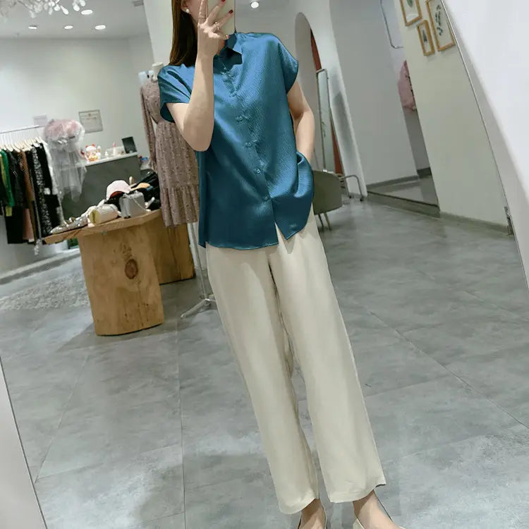 Pearl Satin Shirt Reverse Collar Single-breasted
