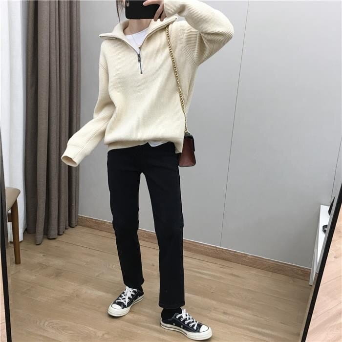 Elegant Large Lapel Zipper Pullover Sweater For Women