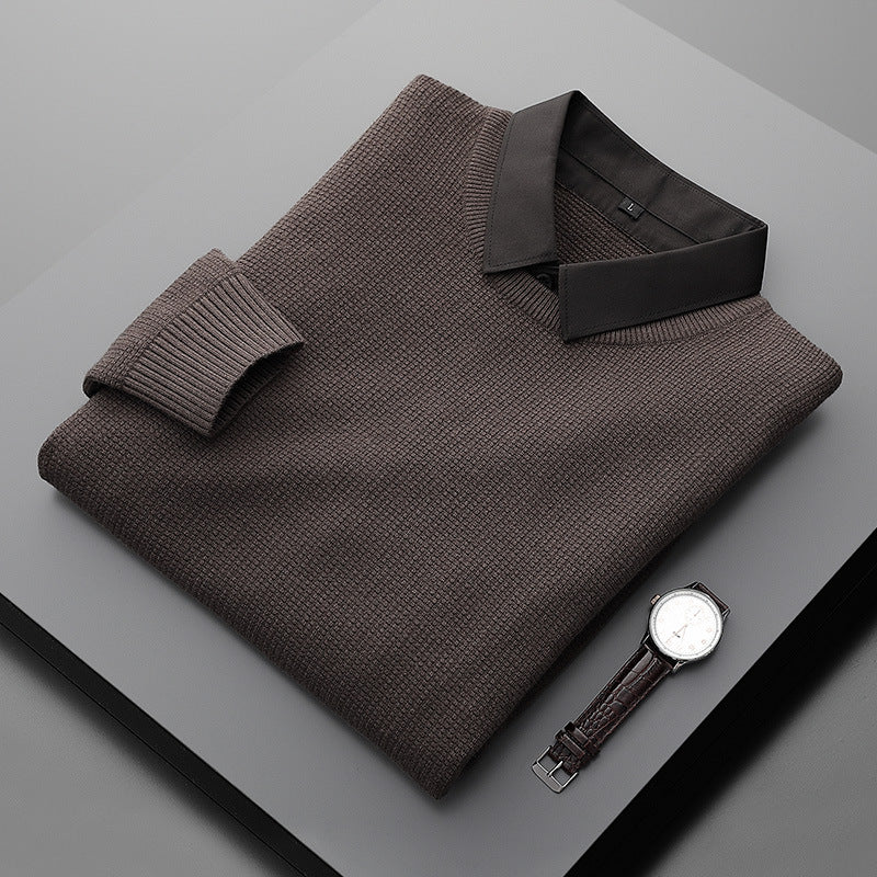 Fake Two-Piece Shirt Collar Knitted Sweater For Men - Khaki / 5XL / Plush