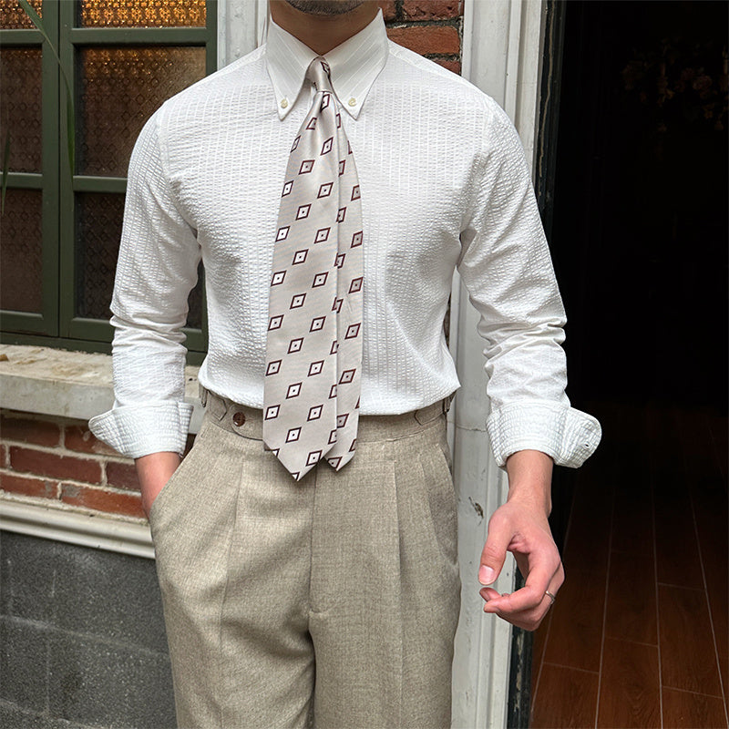 Men’s Breathable Casual Seersucker Long-sleeved Shirt - Ivory White / M