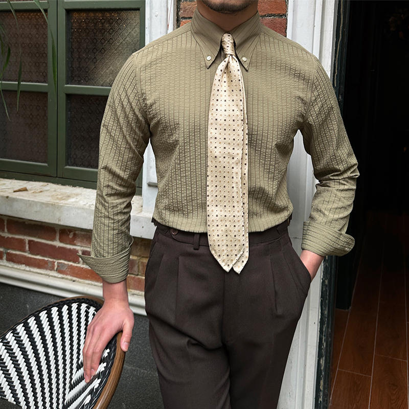 Men’s Breathable Casual Seersucker Long-sleeved Shirt - Khaki / M