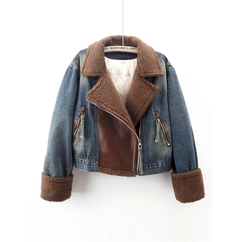 Lamb Wool Stitching Lightweight Down Liner Fleece-lined Denim Coat Women’s Short Top Jacket