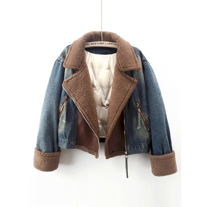 Lamb Wool Stitching Lightweight Down Liner Fleece-lined Denim Coat Women’s Short Top Jacket