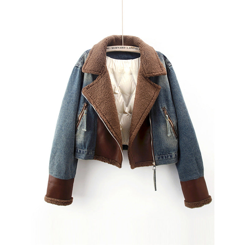 Lamb Wool Stitching Lightweight Down Liner Fleece-lined Denim Coat Women’s Short Top Jacket