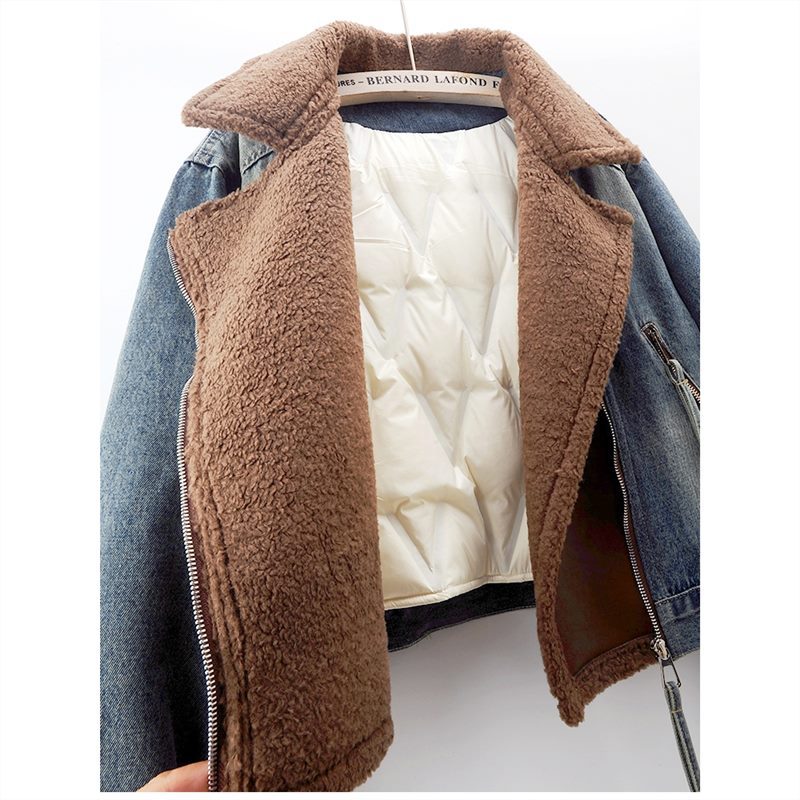 Lamb Wool Stitching Lightweight Down Liner Fleece-lined Denim Coat Women’s Short Top Jacket