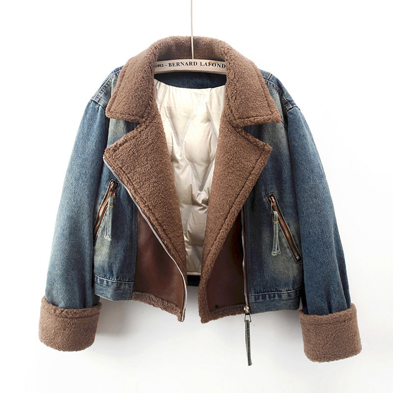 Lamb Wool Stitching Lightweight Down Liner Fleece-lined Denim Coat Women’s Short Top Jacket - Blue / S