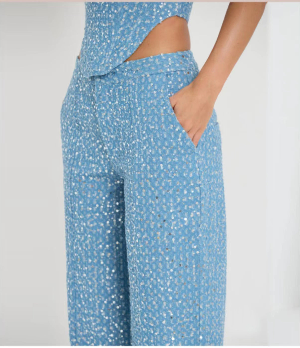 Fashion Denim Sequined Tube Top Wide Leg Pants Suit - Blue pants / L / Trousers