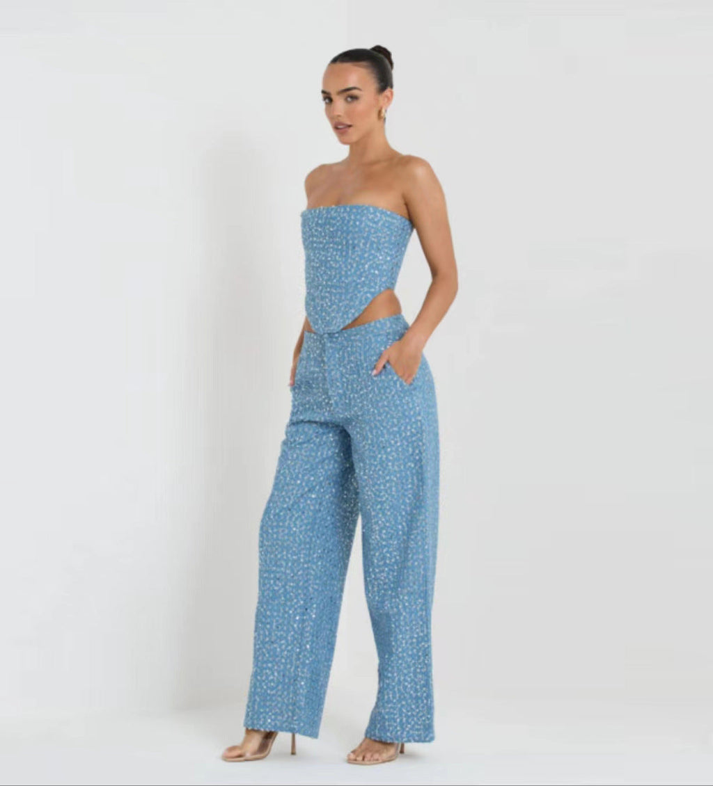 Fashion Denim Sequined Tube Top Wide Leg Pants Suit - Blue Suit / S / Trousers
