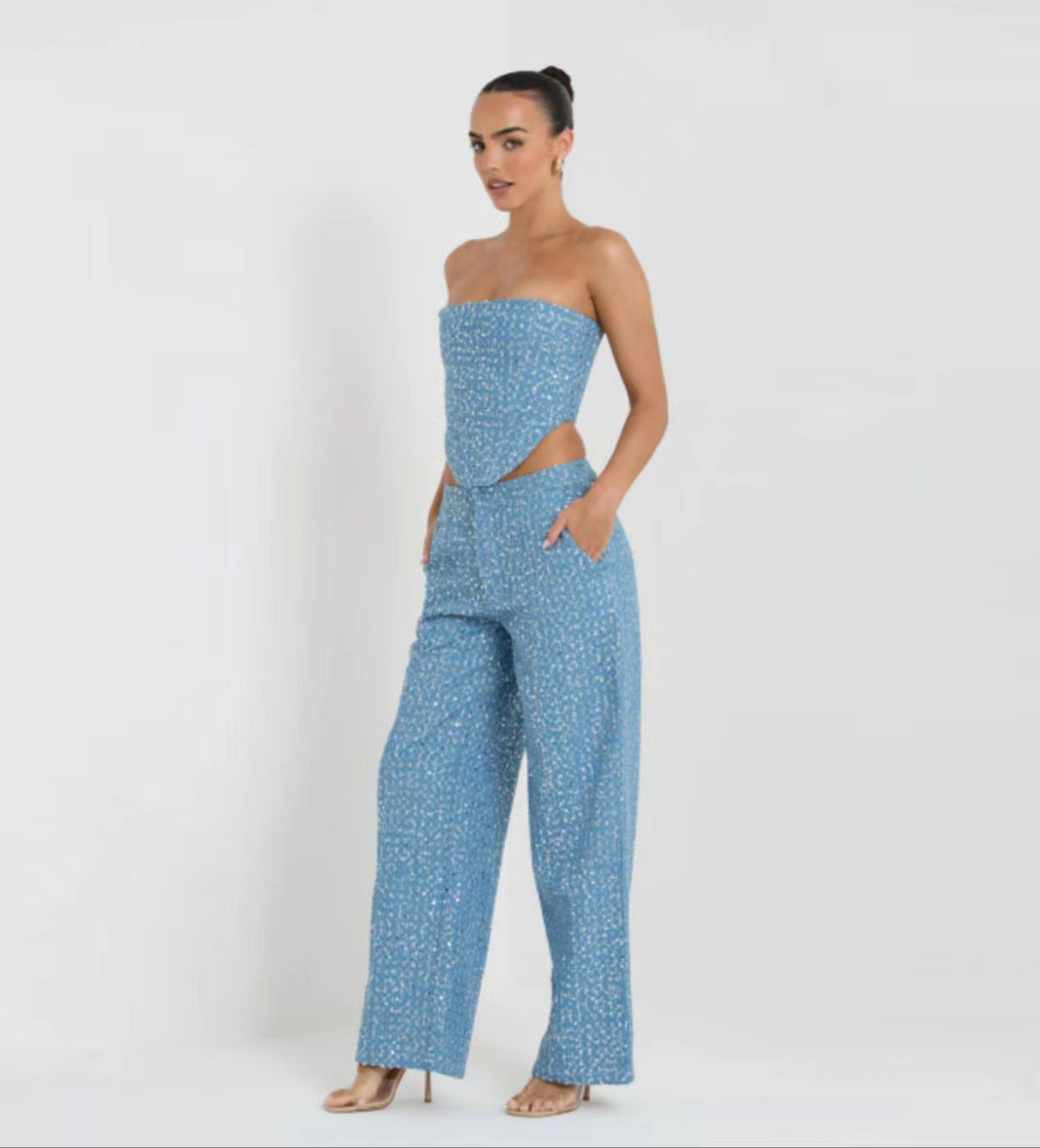 Fashion Denim Sequined Tube Top Wide Leg Pants Suit - Blue Suit / S / Trousers
