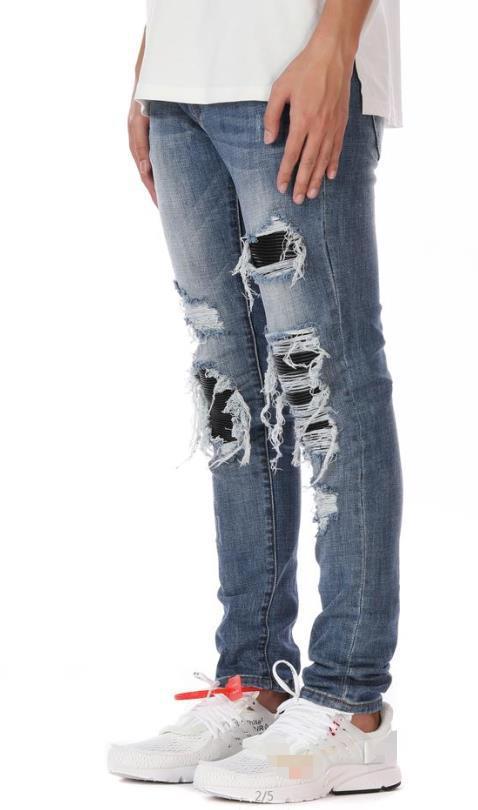 High Elastic Knee Damage Distressed Feet Slim Black Blue Folds - Blue / 34