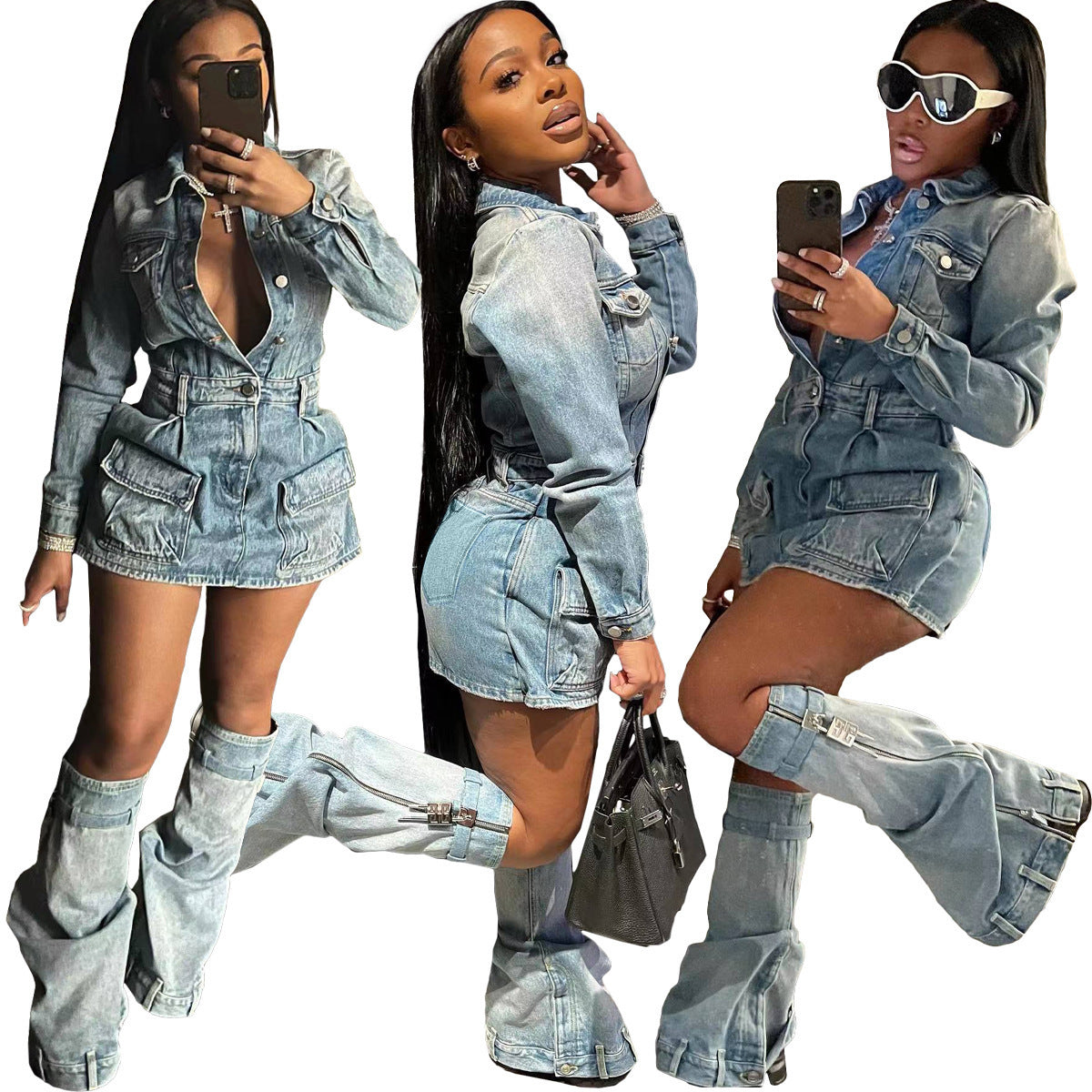 Women’s Multi-pocket Washed Denim Dress