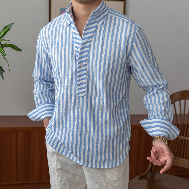 Breathable Seersucker Striped Long-sleeved Shirt - Blue / M