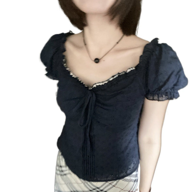 V-neck Lace Puff Sleeve Niche Shirt Short Sleeve - Navy Blue / L