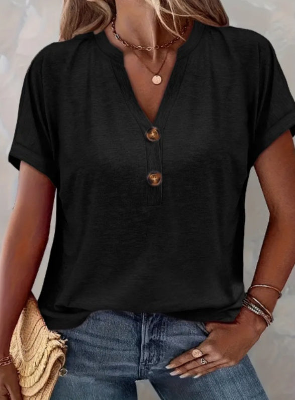 Women’s Solid Color Button Short Sleeved Shirt - Black / S - 4