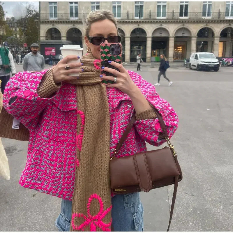 Lapel Color Contrast Short Coat - Pink / S