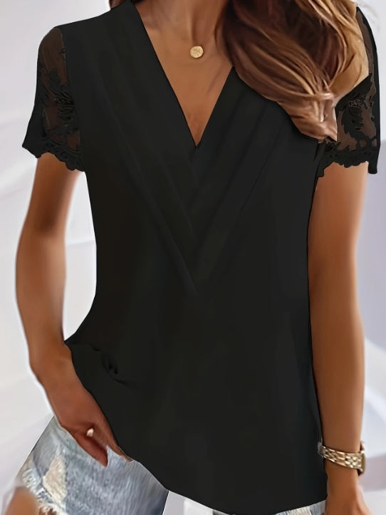 Contrast Lace Tucked Blouse Casual V Neck Short Sleeve Blouse - 4