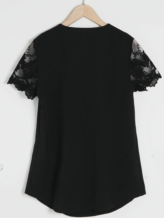 Contrast Lace Tucked Blouse Casual V Neck Short Sleeve Blouse - 4