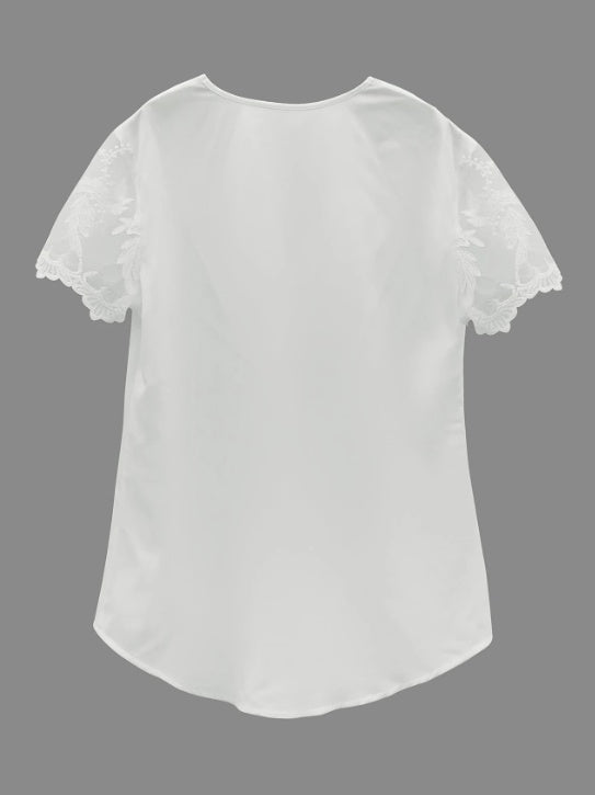 Contrast Lace Tucked Blouse Casual V Neck Short Sleeve Blouse - 4