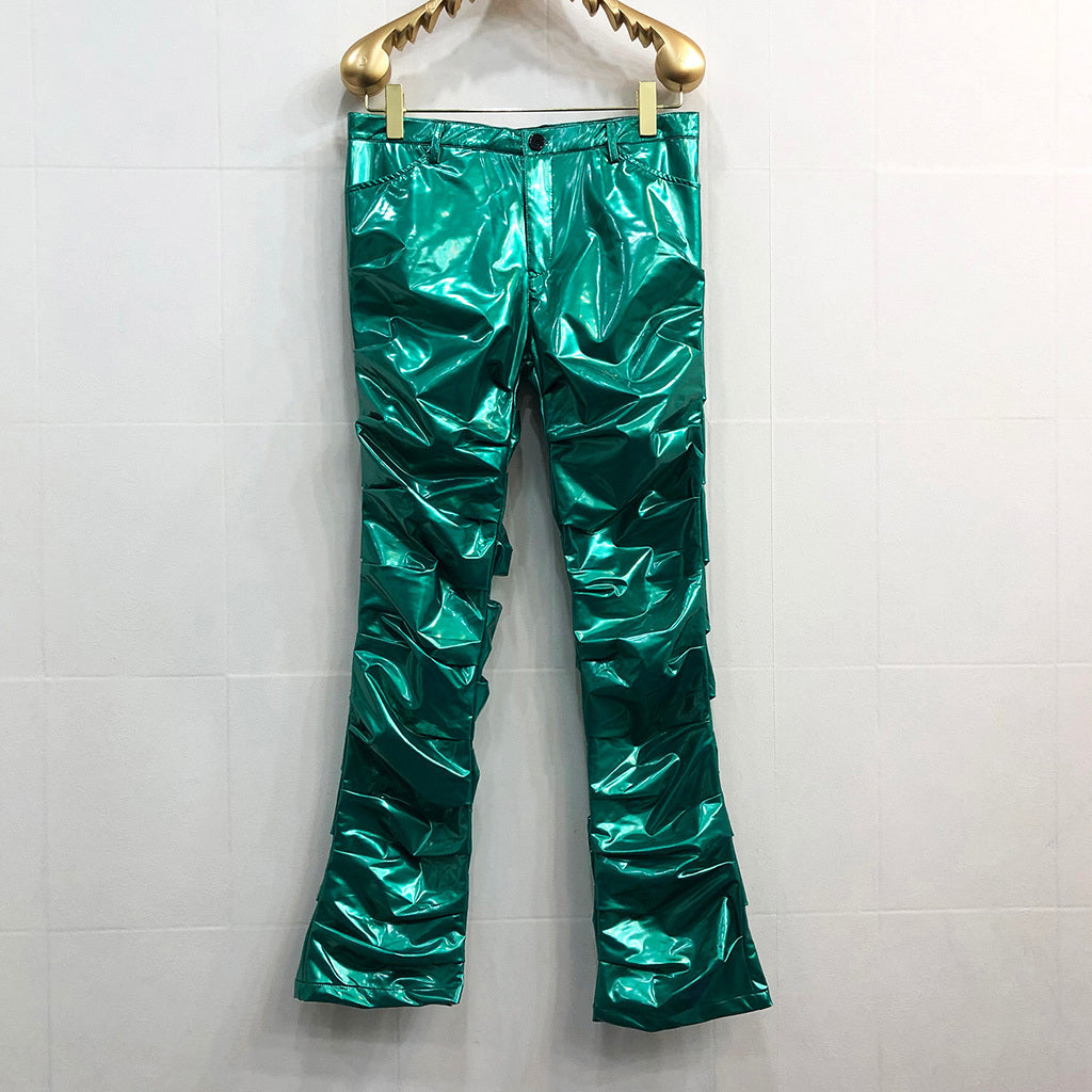 Bright Reflective Mirror Pleated Flare Leather Pants Sexy For Men - Dark green / S