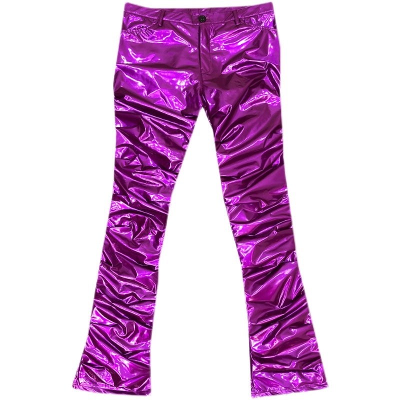 Bright Reflective Mirror Pleated Flare Leather Pants Sexy For Men - Purple / S