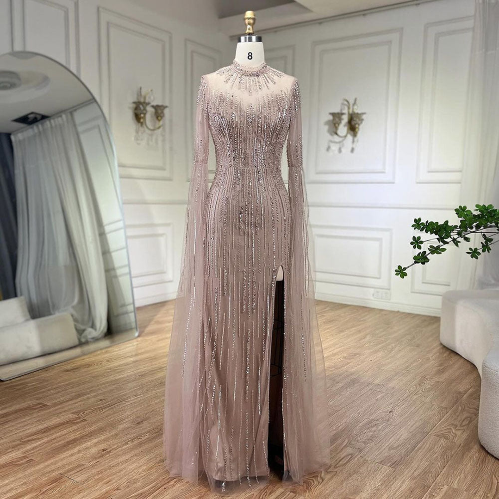 Elegant Flounced Sleeve Split Fishtail Dress - Caramel Color / XXS