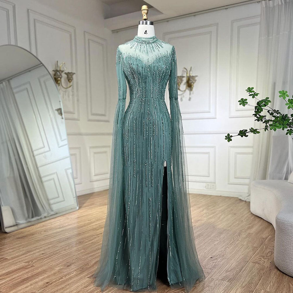 Elegant Flounced Sleeve Split Fishtail Dress - Water Green / XXS