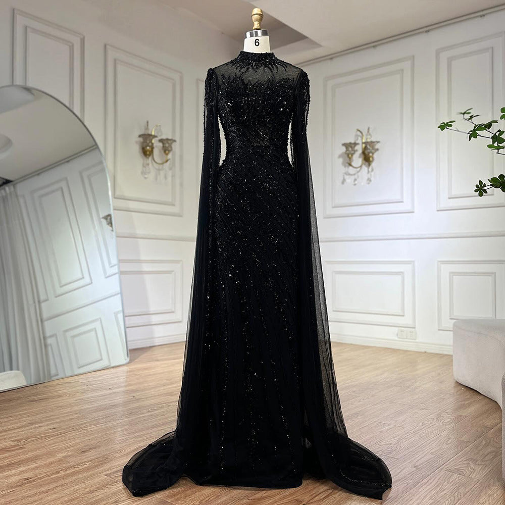 Elegant Flying Sleeves High-end Elegant Fishtail Banquet Host Dress - Black / XS