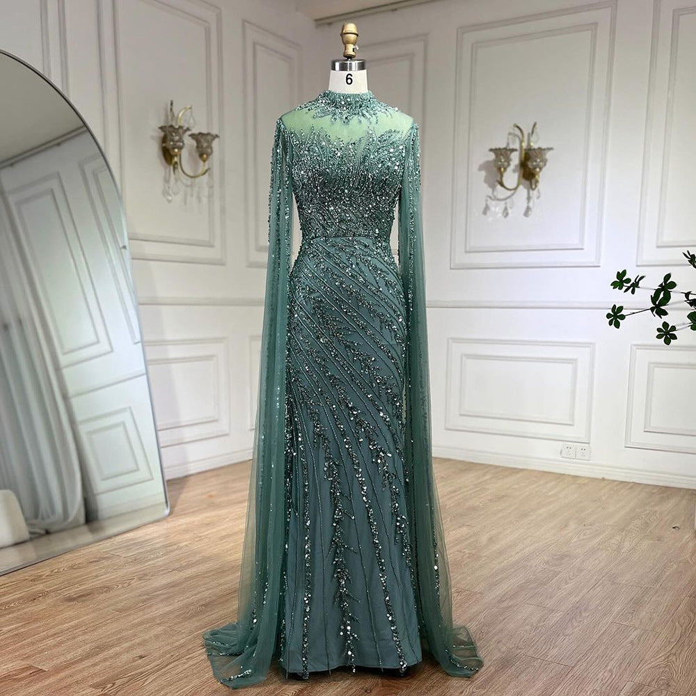 Elegant Flying Sleeves High-end Elegant Fishtail Banquet Host Dress - Water Green / XS