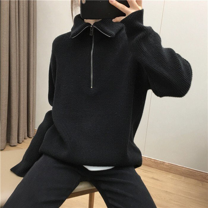 Elegant Large Lapel Zipper Pullover Sweater For Women - Black / M
