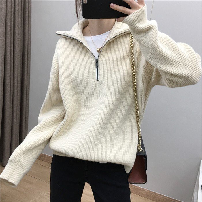 Elegant Large Lapel Zipper Pullover Sweater For Women - White / M