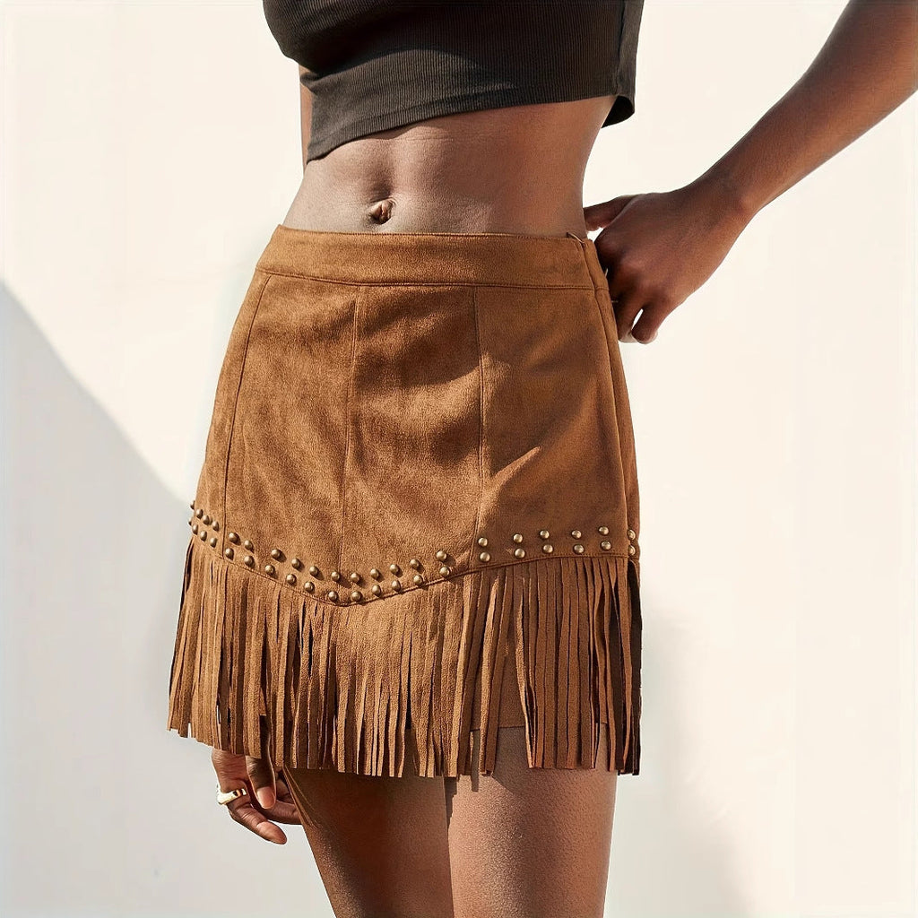 Elegant Vacation Style Women’s Suede Fringe Rivet Design Short Skirt - 4